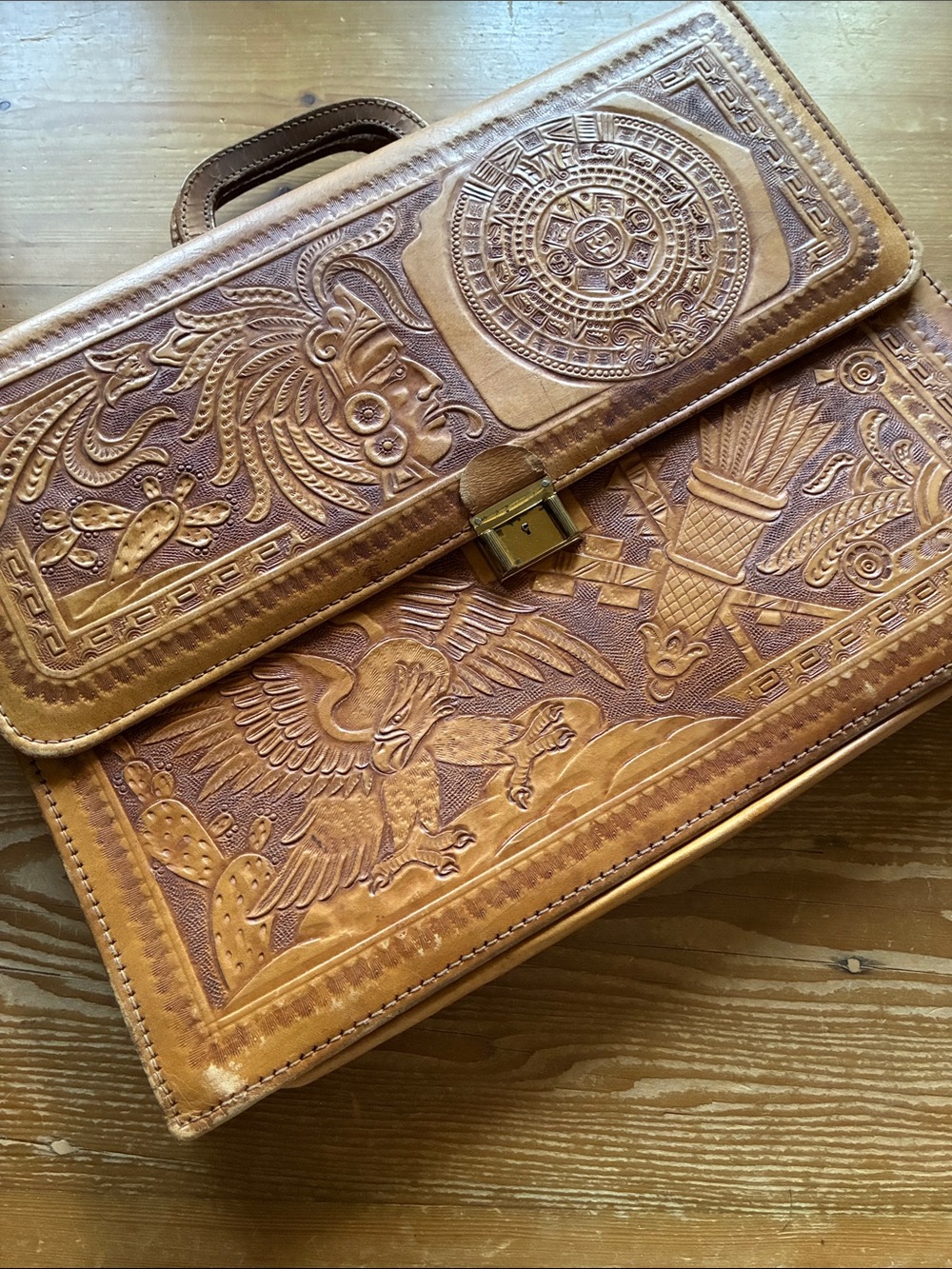 Fantastic Vintage Tooled Leather Inca/Aztec Theme Attache' Briefcase Tote